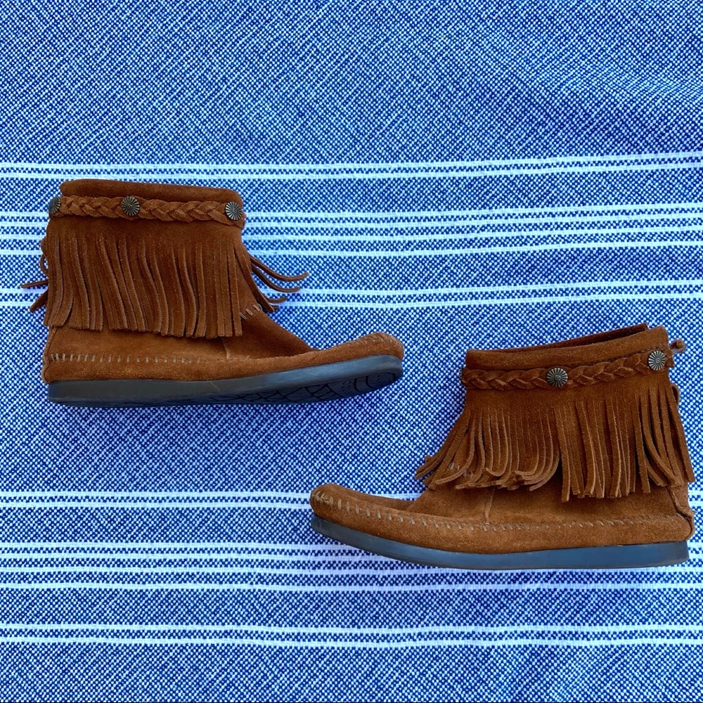 Minnetonka Moccasin suede fringe ankle boot concho detail